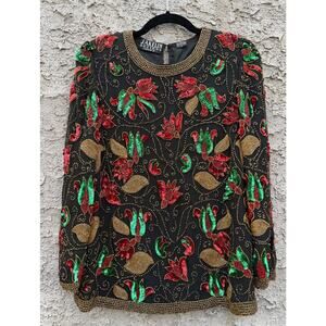 Vintage Jakelin Designs Beaded 100% Silk Holiday Top - Small